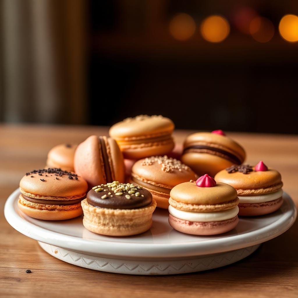 Assorted French macarons and mini tartlets on a ceramic platter