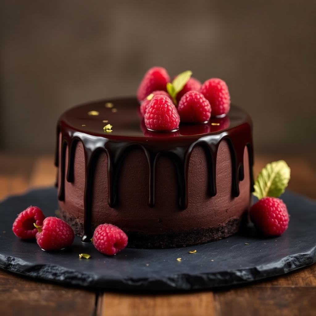 Decadent chocolate ganache cake with raspberries and gold leaf