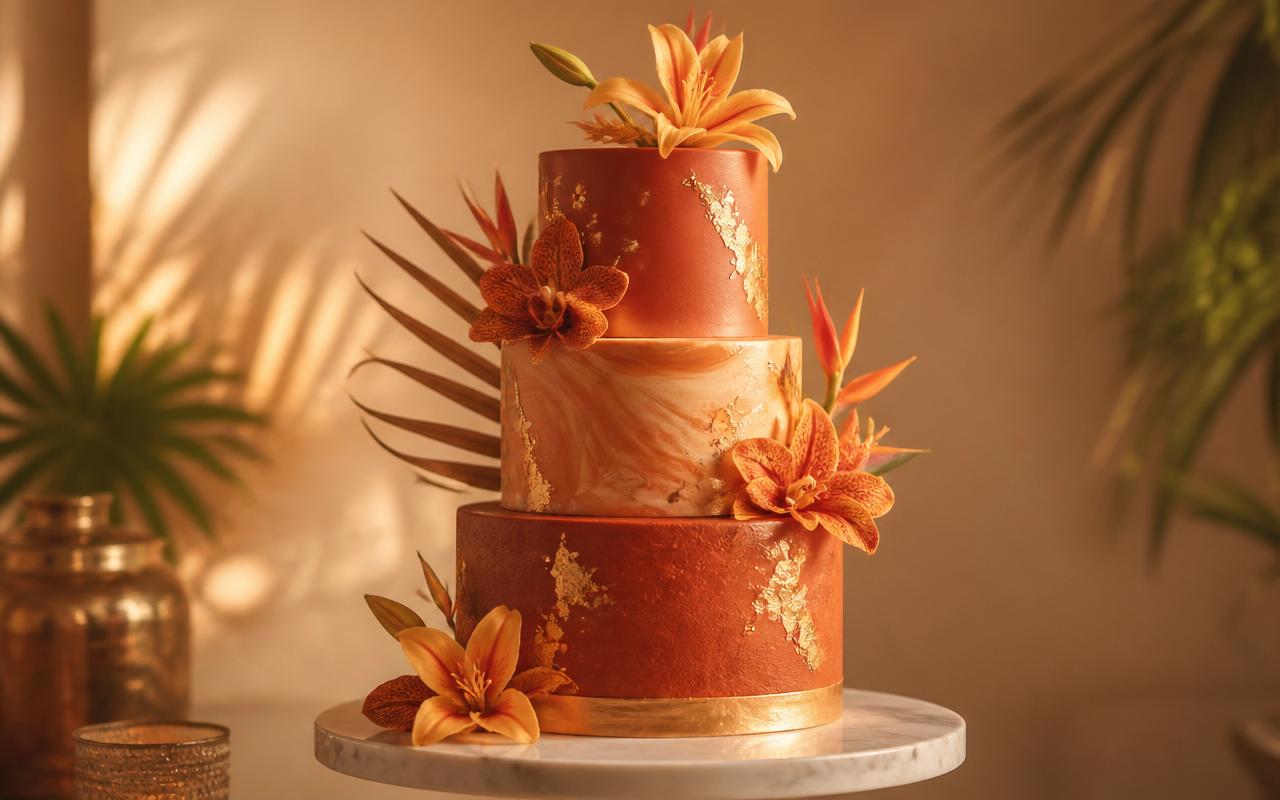 A luxurious three-tiered Sugarline cake decorated with tropical flowers and gold leaf